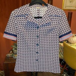 Vintage 1970s Diolen Collared short sleeve blue and red novelty print S/M
